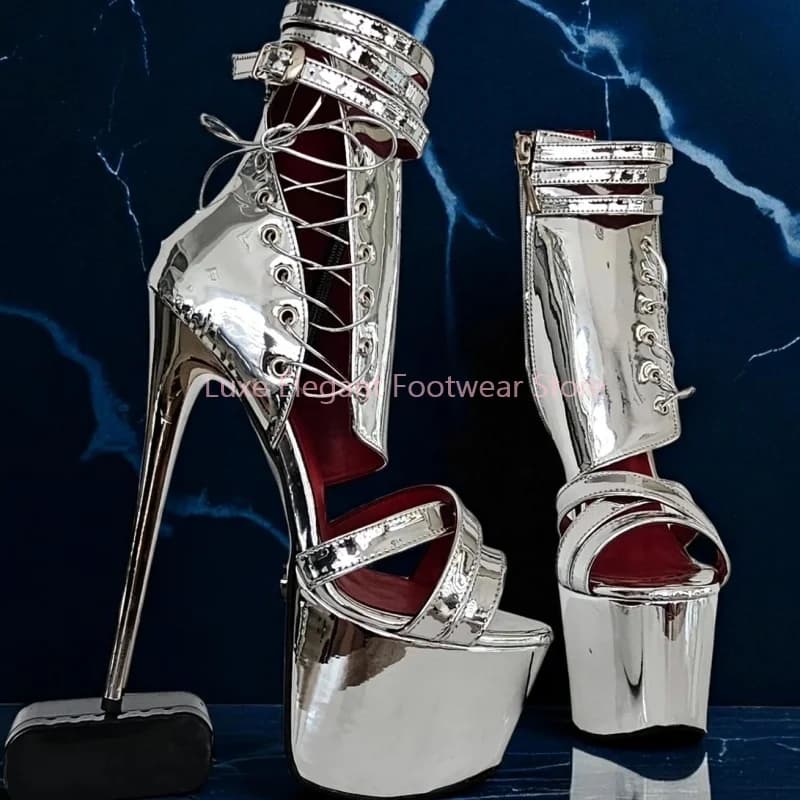 Sliver Patent Leather Cross Strap Hollow Platform Sandals Women Open Toe Side Zipper Thin High Heels Sexy Punk Party Ankle Boots