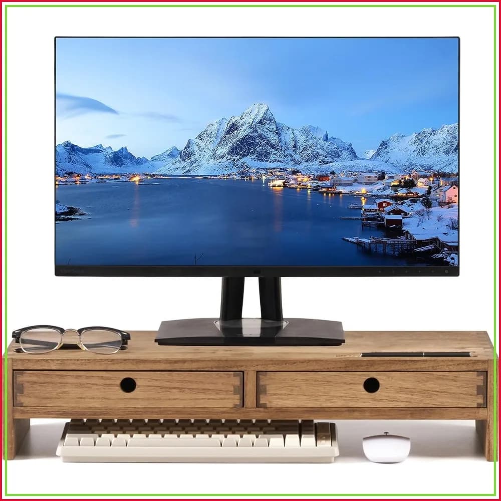 Wood Monitor Stand with 2 Drawers, Solid Computer Riser for Desk, Desktop Organizer Shelf with Cable Management, Pen Slots, No Assembly Needed