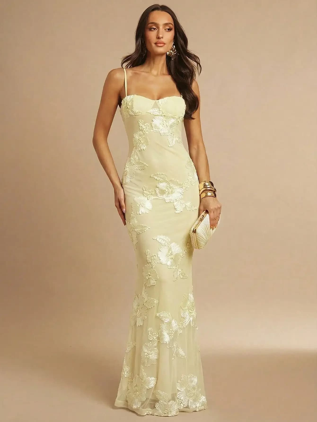 Abito da Sera Elegante da Donna, Stile Sirena, Aderente, Senza Maniche, con Ricami Floreali