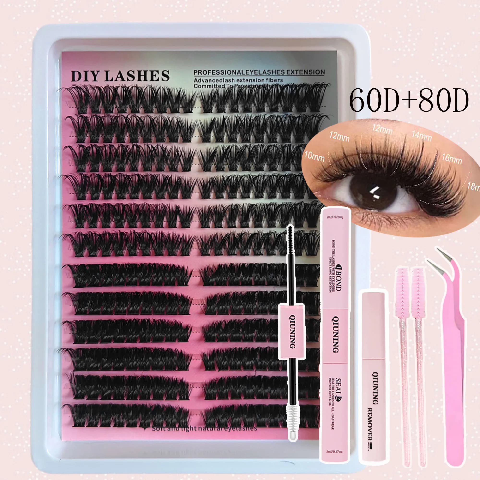 QIUNING Lash Clusters Kit Individual Cluster lash Extensions Fluffy Mixed Tray Eyelash Clusters with Lash Bond&Seal and Tweezers