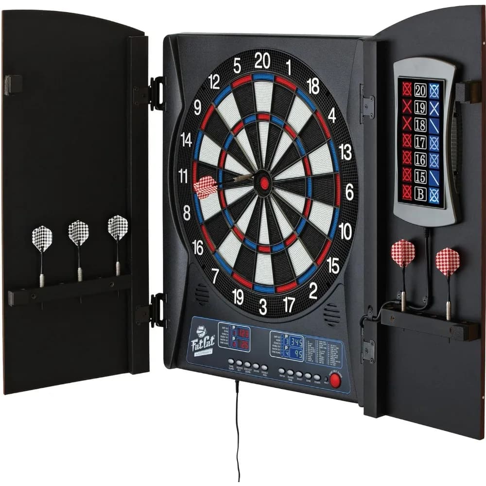 Set di Freccette Elettroniche con Punta Morbida e Mobiletto, Bersaglio da 13,5 Pollici, 28 Giochi, 6 Freccette