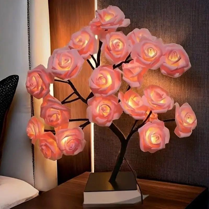 Rose Flower Design Tree Night Light, Artificial LED Rose Flower Night Light, DIY Bedroom Fairy Decoration, USB Powered Table Lamp, for Home Bedroom Decor