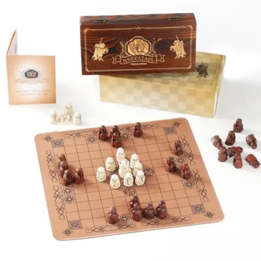 Set di Scacchi Vichinghi Hnefatafl per Rievocazioni Storiche, Scacchiera in Legno con Finitura Naturale, Classico Bianco e Nero