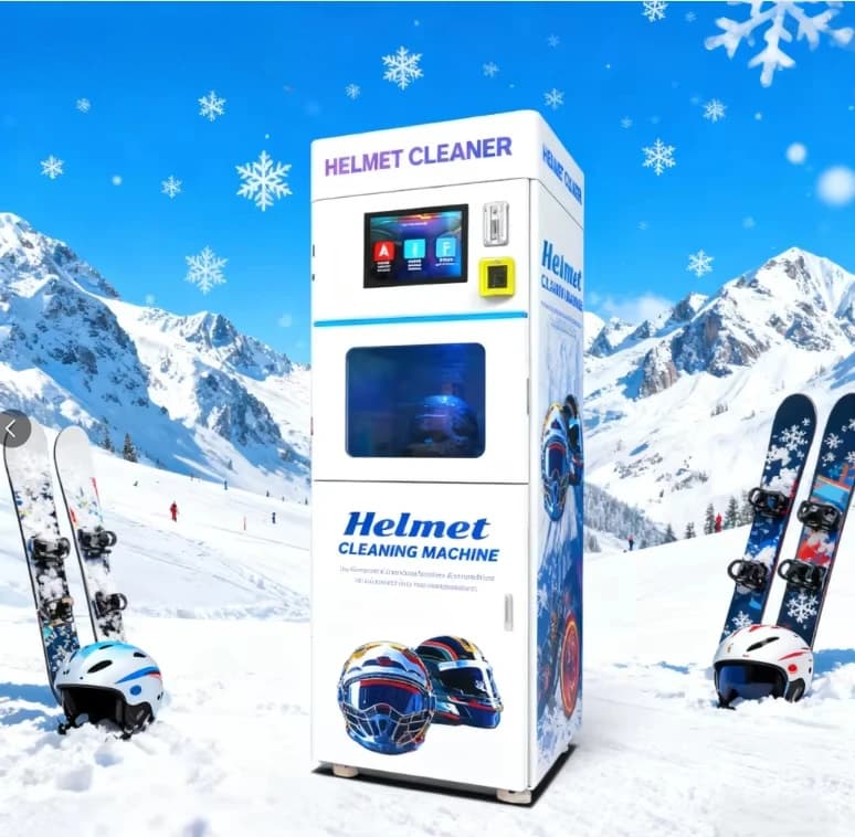 Custom branded helmet cleaning machine, perfect for parking, centers and bicycle repair shops. New business opportunity
