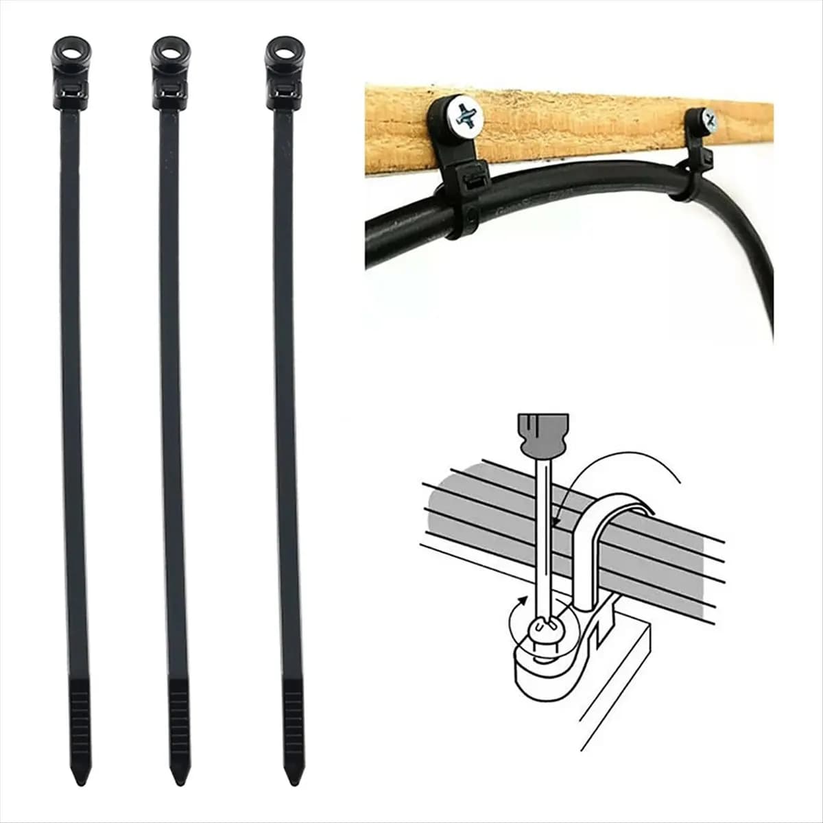 A63K& 300Pcs Screw Hole Cable Ties Reusable Fixed Nylon Cable Ties Self-Locking Cord Tie Straps Fastening Loop