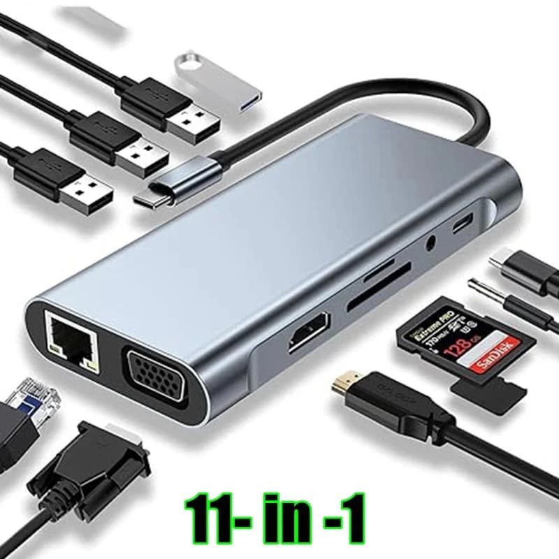 HUB USB C 11 in 1, dongle adattatore USB C con lettore di schede 4K HDMI/VGA/Tipo C PD/RJ45/SD/TF per MacBook Pro/Air iPad