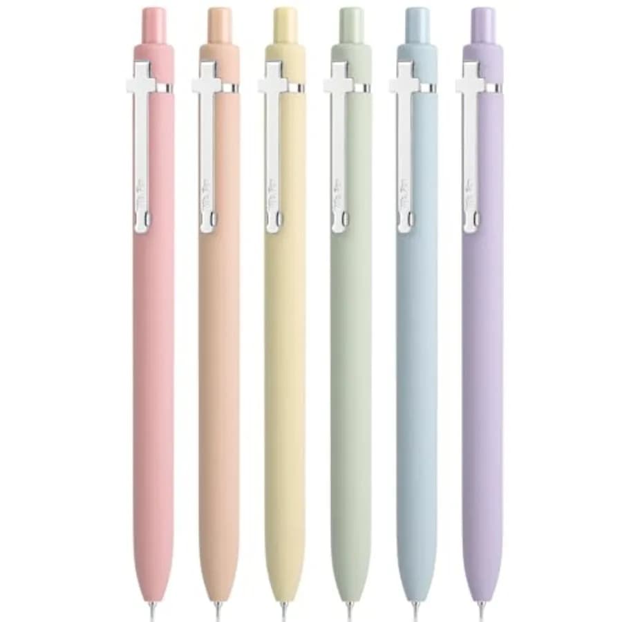Bible Journaling Pens, 6 Pack, Black Ink, Retractable Gel Pens 0.5 mm, Soft with Silver Cross Clip, Smooth Writing for Bible St