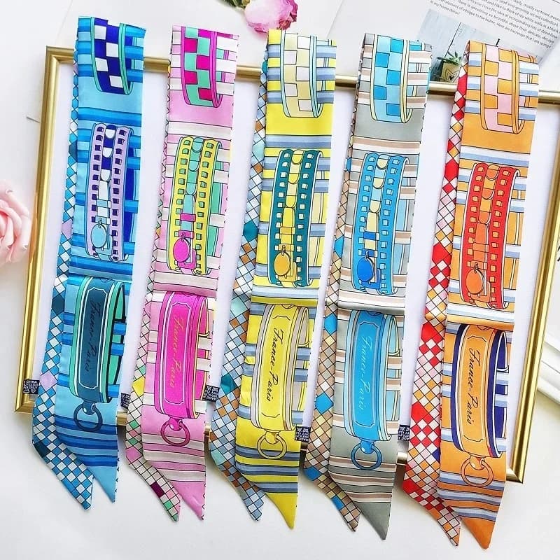 New chain lattice fashion woman silk ribbon twill scarf bandana for hair bag wrap bag handmade long wrap neck for women