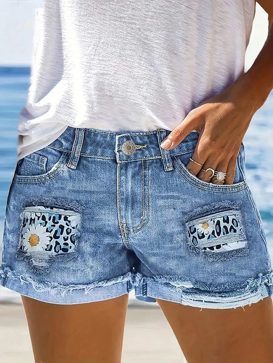 Womens Ripped Patch Denim Shorts Mid Waist Casual Summer Shorts