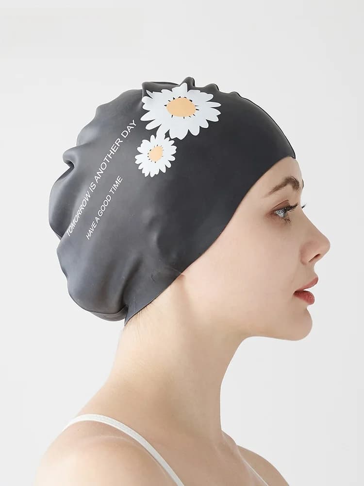Cuffia da nuoto in silicone di grandi dimensioni per donne, capelli lunghi, protezione impermeabile per le orecchie, stampa margherita, attrezzatura professionale per il nuoto
