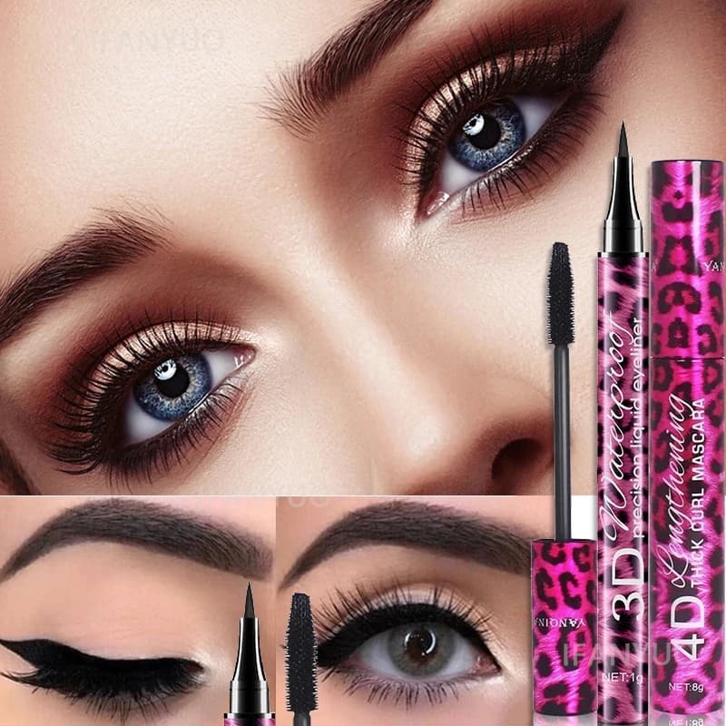 Set di Mascara 4D Impermeabile e Matita Eyeliner Liquida, Cosmetico per Occhi a Lunga Durata, Mascara Volumizzante e Modellante, Matita per Sopracciglia, Trucco Occhi