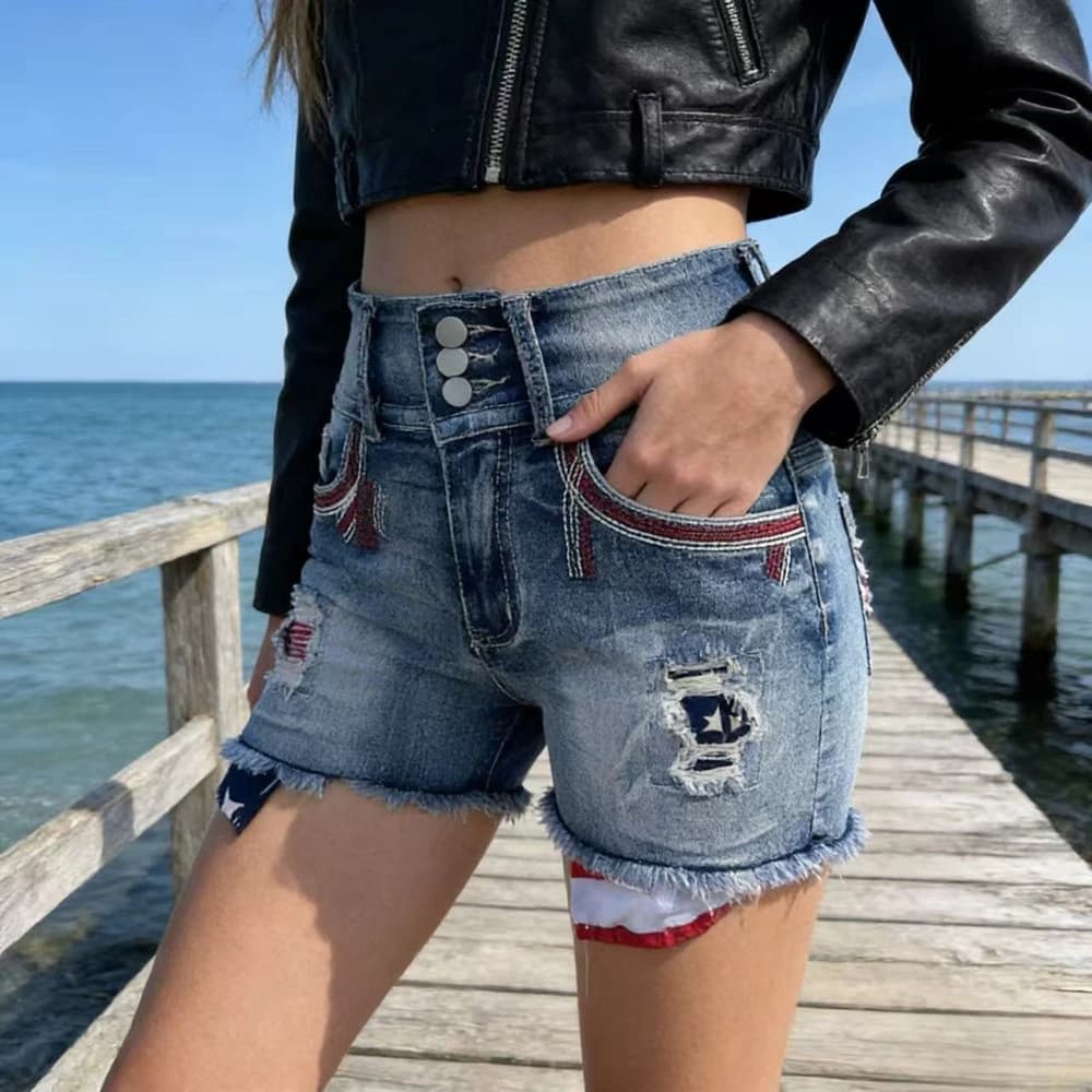 Shorts in denim da donna con bandiera americana effetto distressed, 3 bottoni, vita alta, orlo sfrangiato, sexy, vintage