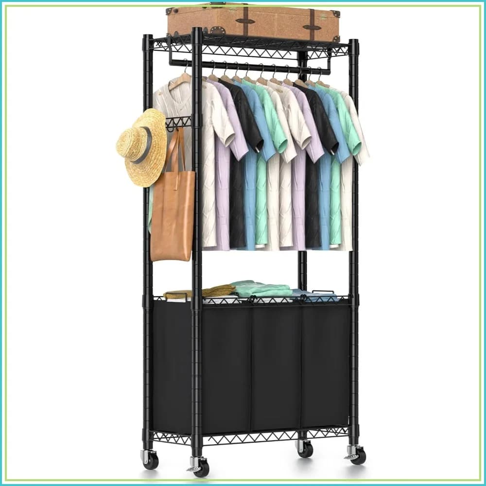 Rolling Laundry Basket Organizer with Wheels and Hanging Bar, 3 Section Laundry Sorter Cart with 3 Removable Bags