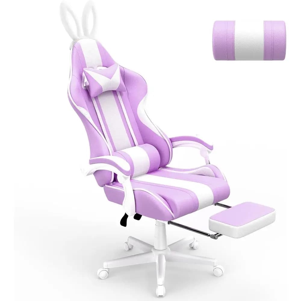 Sedia da Gaming Kawaii Light Ple con Orecchie da Coniglio, Sedia Ergonomica per Gamer con Poggiapiedi e Massaggio, Sedia Reclinabile in Pelle Stile Racing