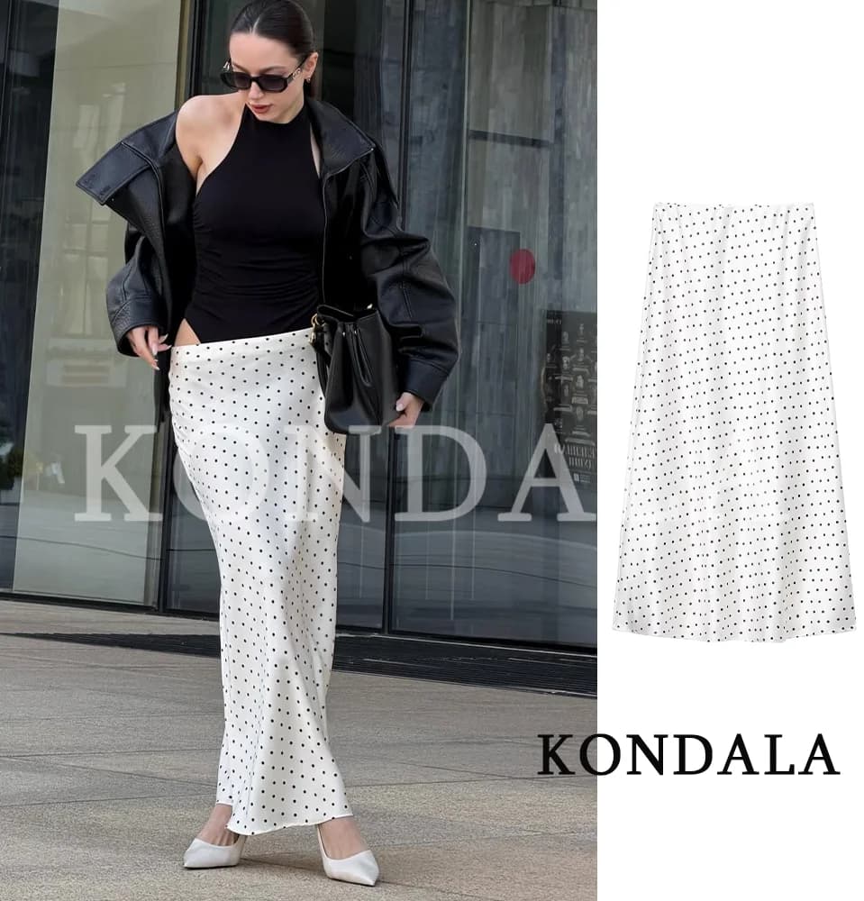 KONDALA Elegant Satin Polka Dot Skirt Women Summer Chic High Street Holiday Skirt 2026 Trendy Leisure Elastic Waist Midi Skirt