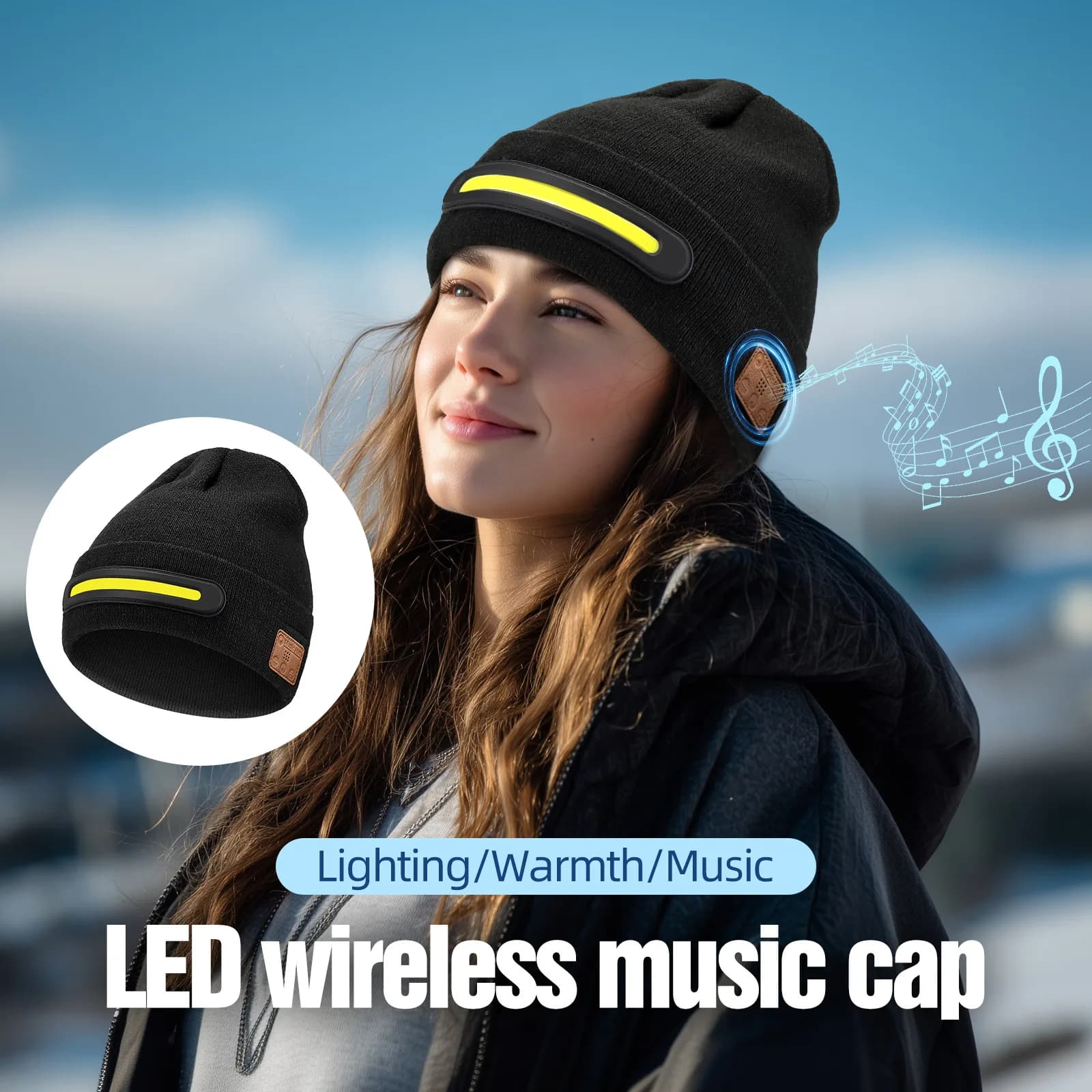 LED Wireless Music Hat Lighted Hat with Headphones Bluetooth Rechargeable Front Lamp Hot Tech Field Hat for Night Workers