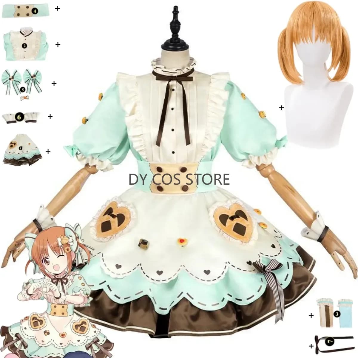 Anime Shugo Chara Yuiki Yaya Costume Cosplay Ace Green Lolita Gonna Shirt Top Wig Woman Adult Kawaii Christmas Carnival Dress