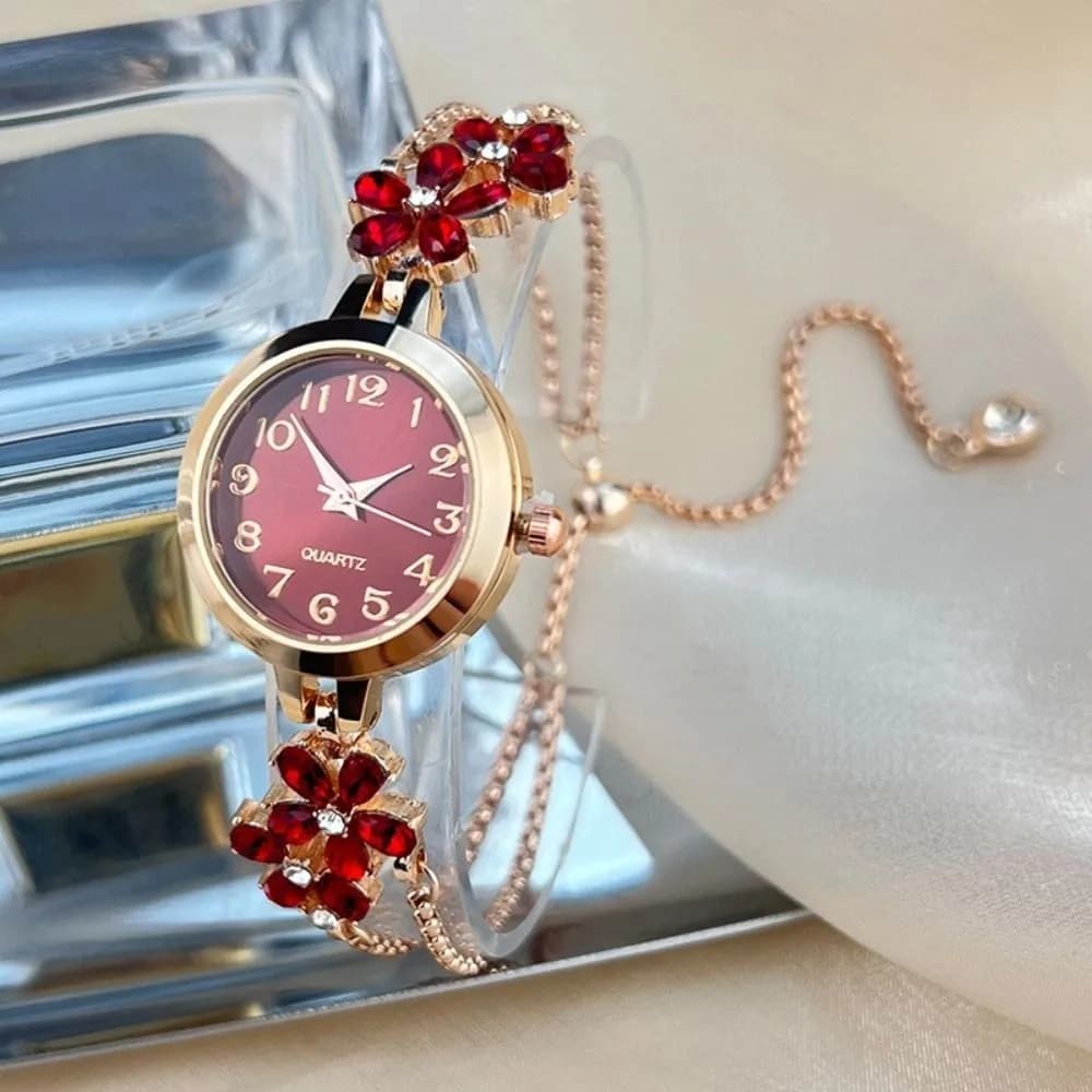 Elegante Orologio da Polso da Donna con Bracciale a Fiori, Orologio al Quarzo con Doppia Catena, Orologi da Donna per Affari, Portatile ed Elegante