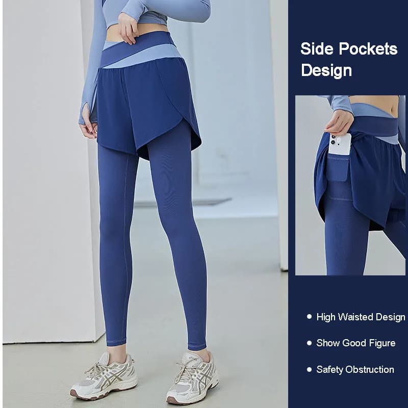 Fitness Yoga Pants Women Fake Two Pieces Sport Legging Gym Sportswear Push Up Patchwork Crossover High Waist Tight Sports Pants