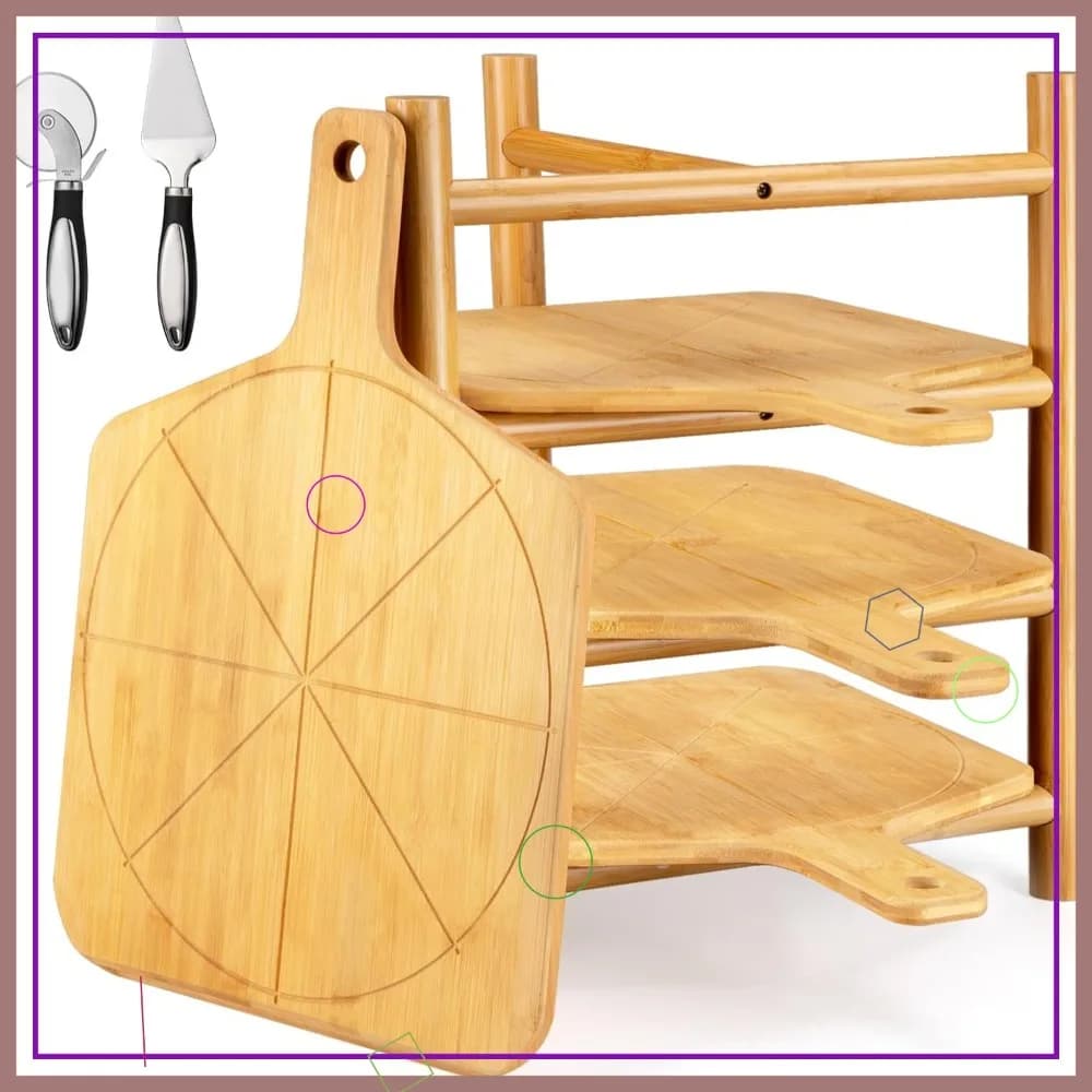 Set Pala per Pizza 16.9x12 Pollici con Supporto, Tagliere Liscio con 8 Scanalature per Fette, Taglierina e Paletta in Acciaio Inossidabile