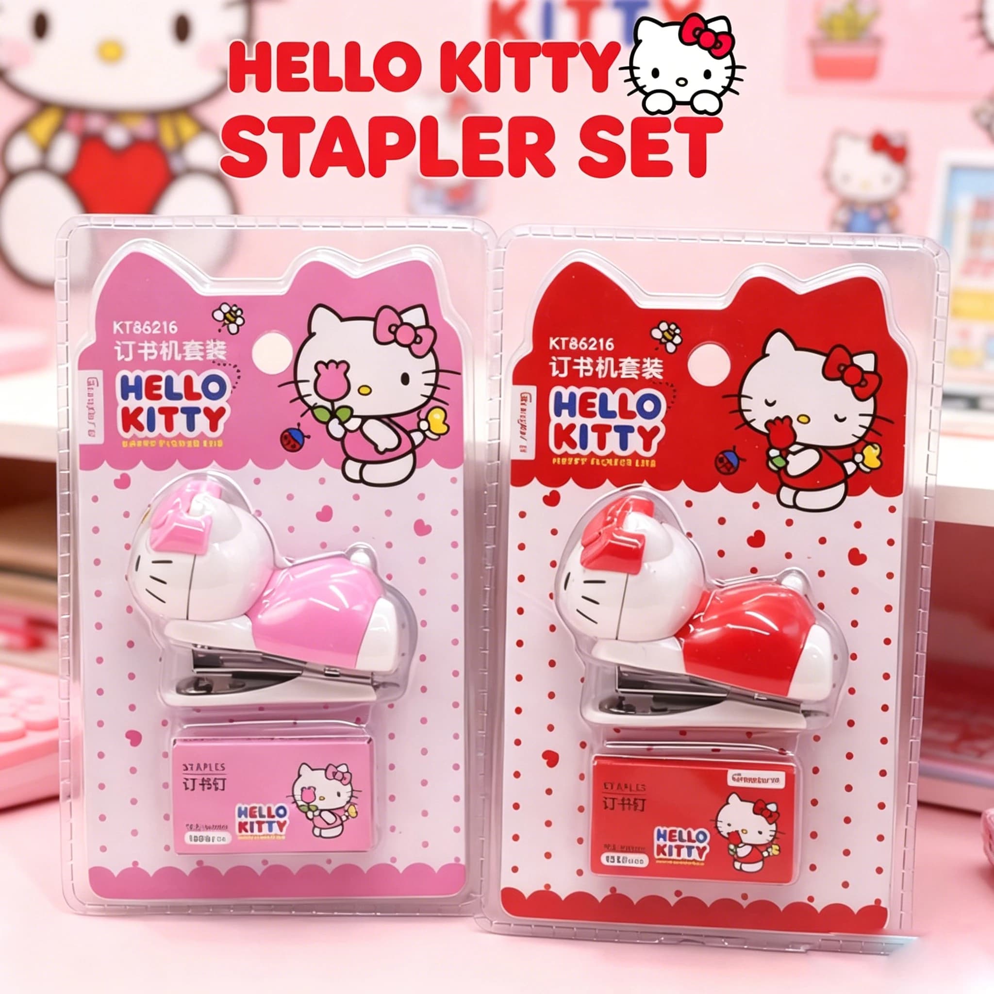 Sanrio Hello Kitty Stapler Set, Cute Cat, Portable Stationery and Exam Paper Stapler for Students School Stapler, Girl'S Gift
