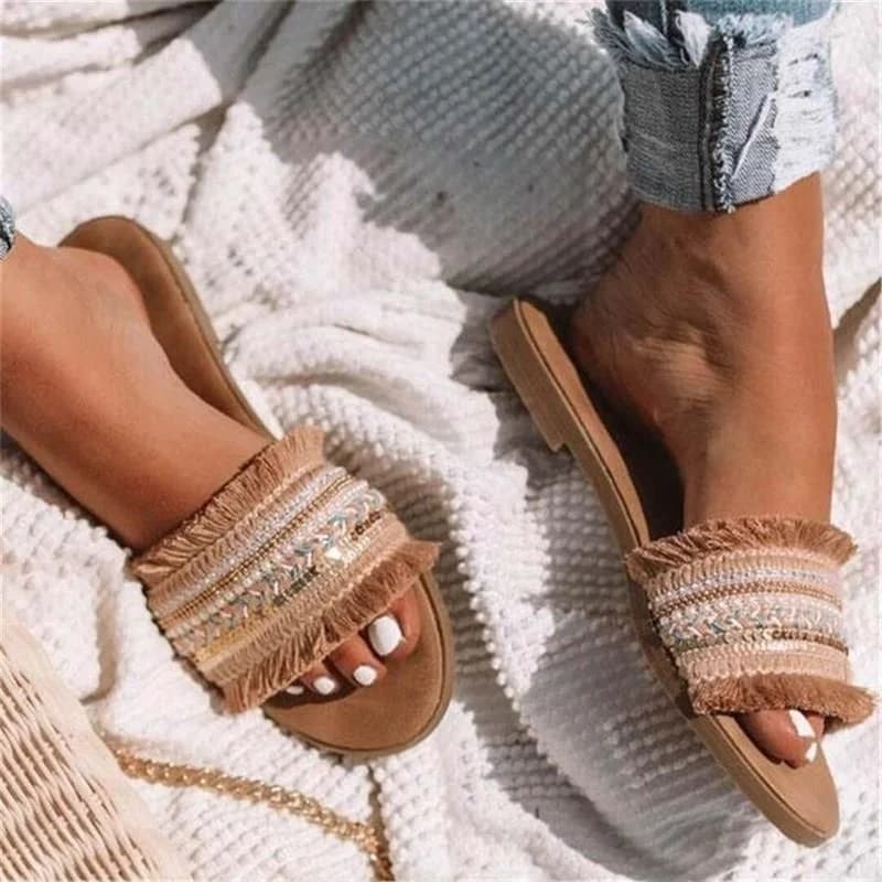 Ciabatte Bohemien con Nappe e Fondo Piatto, Sandali Ricamati Slip-On da Donna, Comode Scarpe Casual Estive