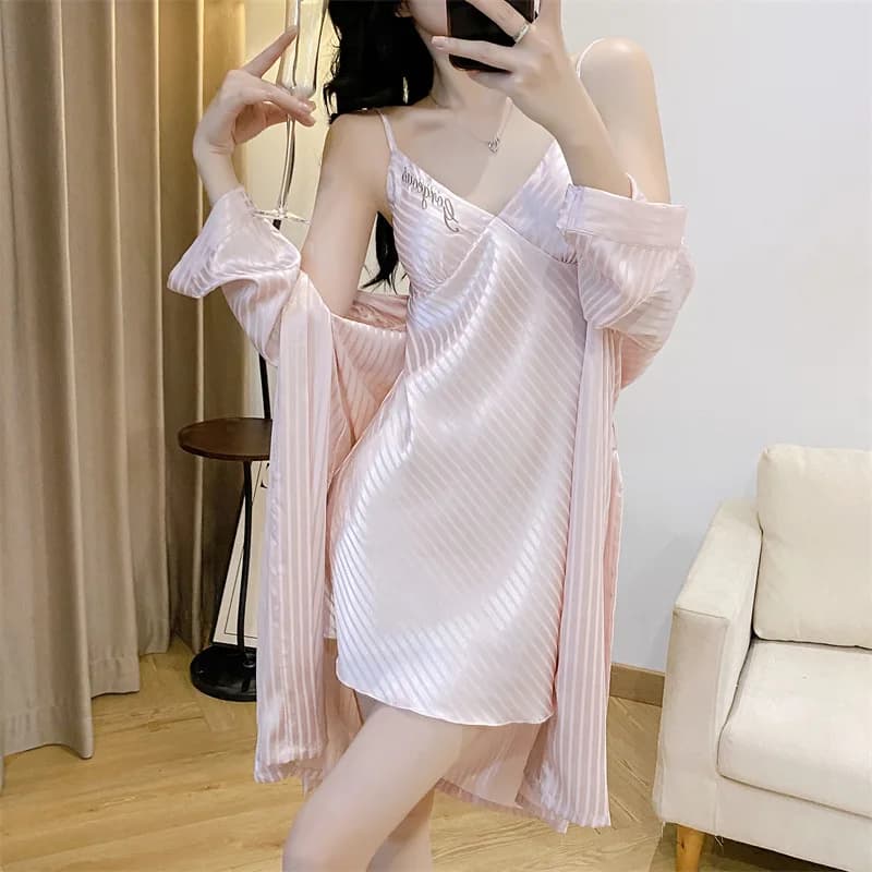 2PCS Bathrobe Gown Suit Summer Women Kimono Nighty Robe Set Loungewear Rayon Sleepwear Nightdress