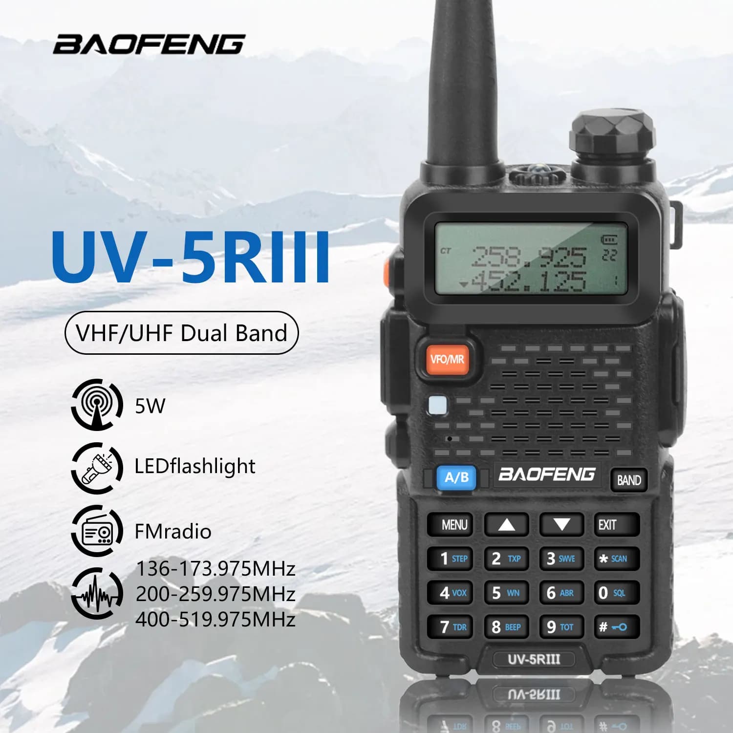 BAOFENG UV-5RIII Walkie Talkie Tri-band 136-174MHz200-260MHz 400-520MHz 128Ch 5W FM VOX Roger Beep
