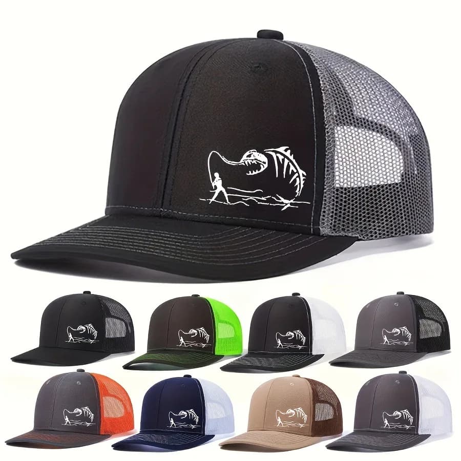Cappello da pesca in rete stampata per camionista, berretto da anatra maschile con venature micro curve e danza dell'anca, adatto per la pesca in montagna