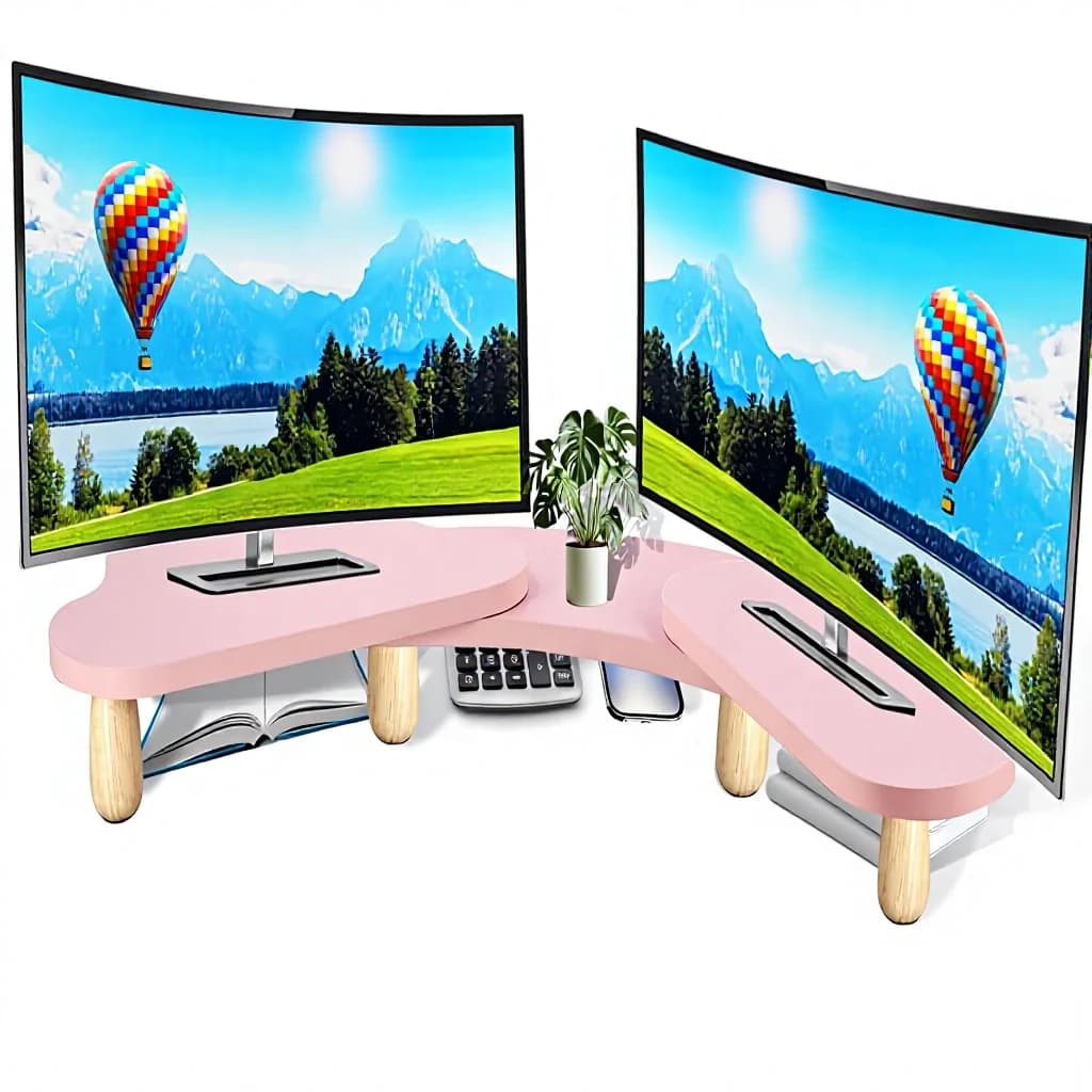 Supporto Doppio a L Regolabile in Lunghezza e Angolazione, Organizzatore Ergonomico in Legno per Scrivania PC/Laptop/Stampante