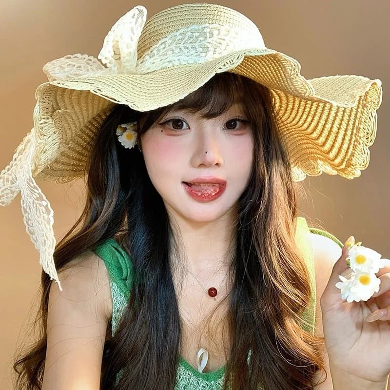 Sweet Lace Knot Straw Hat Women's Summer Beach Vacation Sunshade Sunscreen Casual Style round Top Hat for Teens