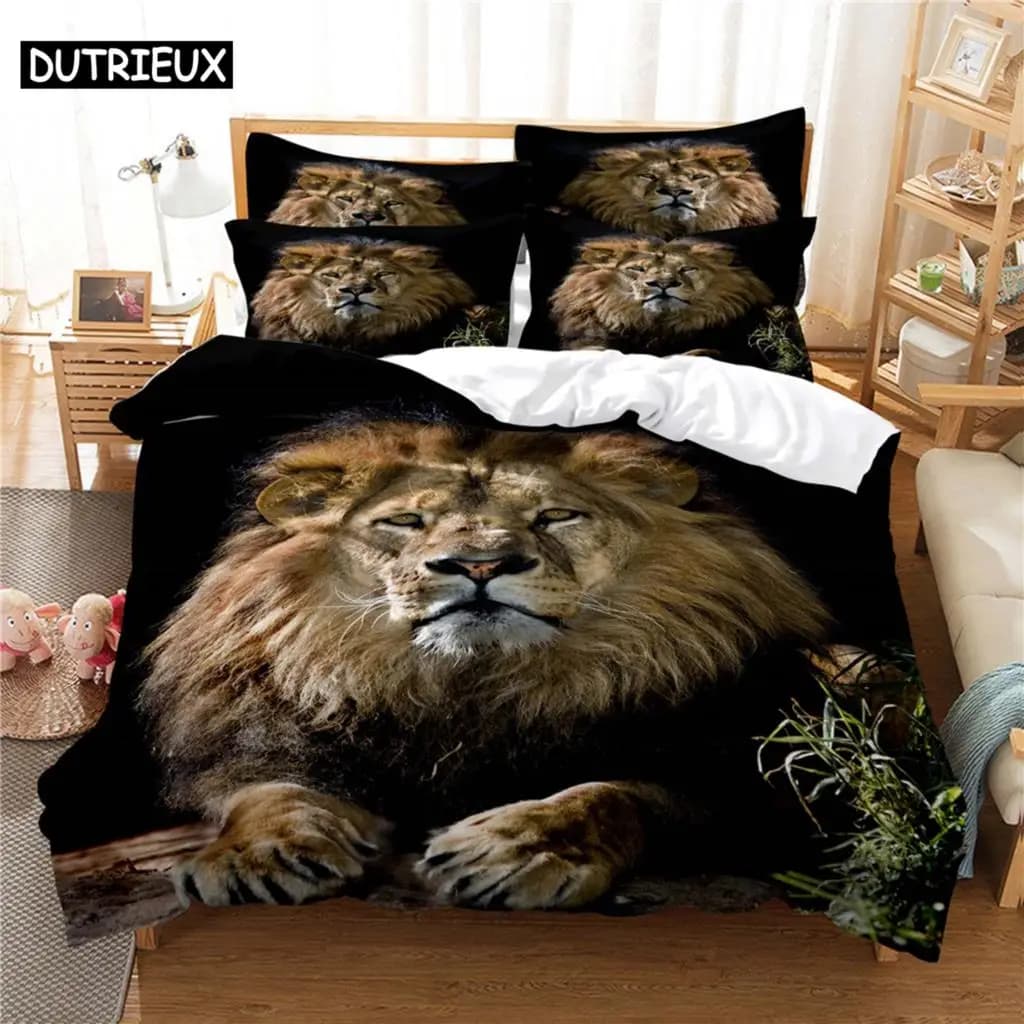 Set di Biancheria da Letto Stampato in 3D con Tema Leone, Misura Queen, Set Copripiumino