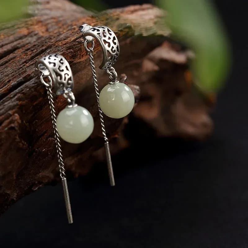 925 Sterling Silver Jewelry Vintage Natural Jade Long Tassel Chain Beads Ball Pattern Stud Earrings for Women Wedding Party Gift