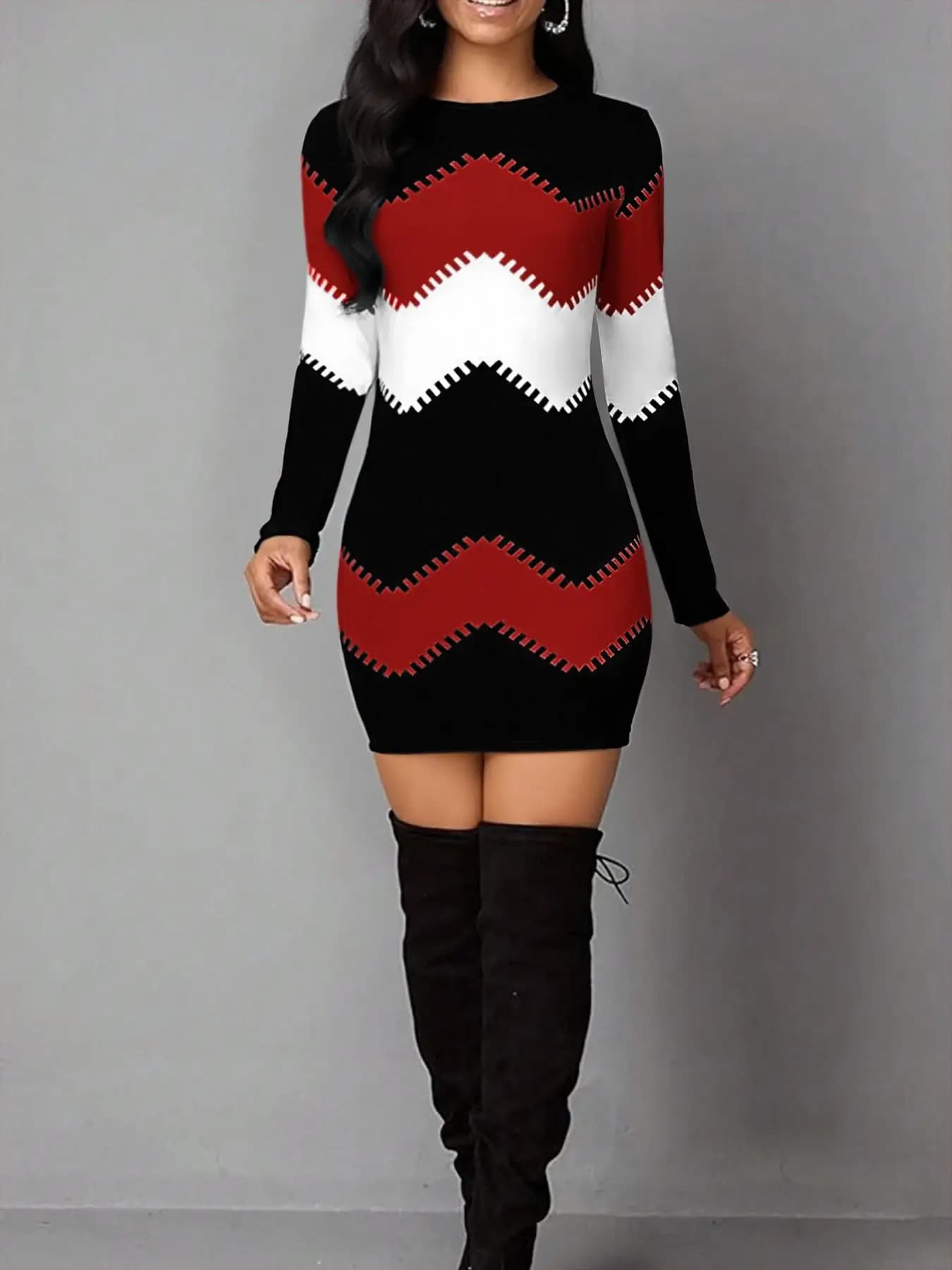 Abito casual da donna a maniche lunghe con stampa geometrica vintage, mini abito aderente in misto poliestere elasticizzato, perfetto per tutti i giorni e per le feste