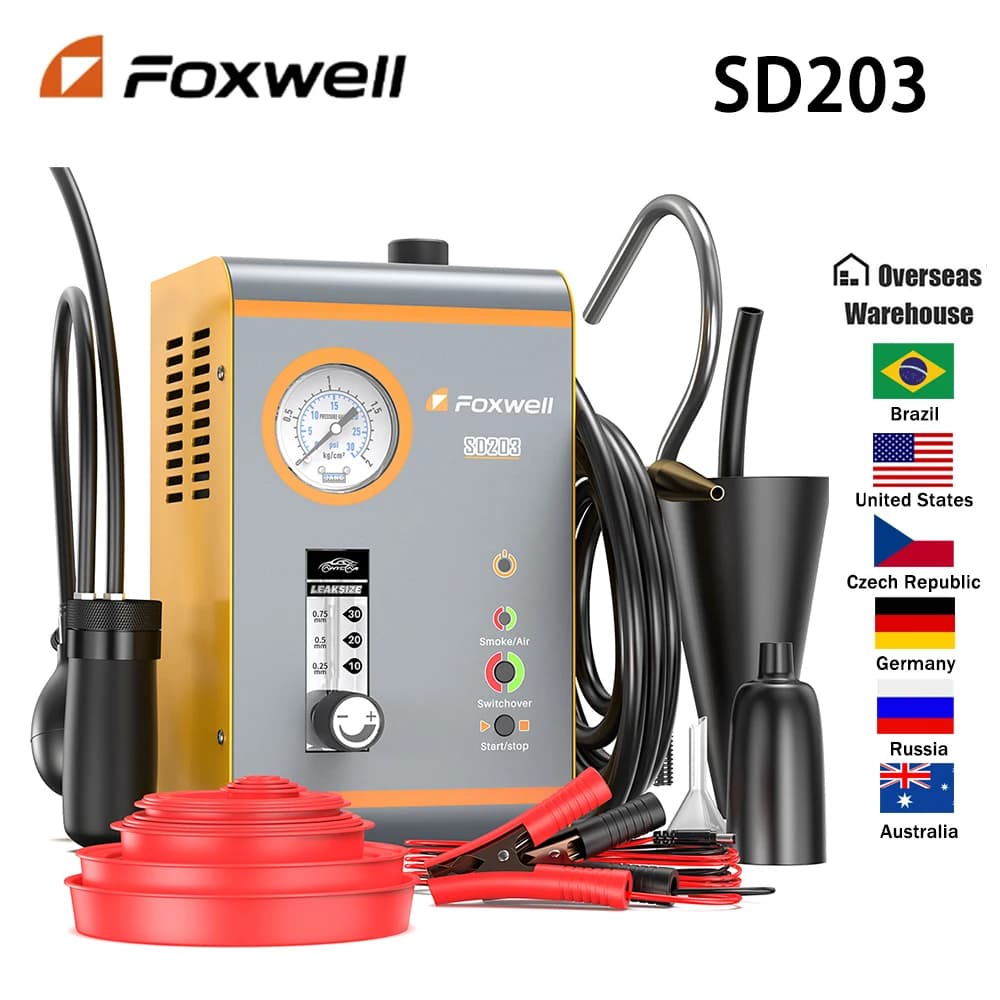 Nuovo FOXWELL SD203 Macchina del fumo automobilistica 12V Pompa d'aria incorporata EVAP Rilevatore di perdite di vuoto Tester diagnostico per perdite di tubi per auto
