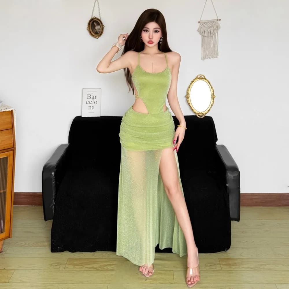 Abito Lungo Bodycon da Donna SylCue in Seta Luminosa con Patchwork a Rete, Halter con Fasce Incrociate, Schiena Scoperta, Spacco Alto, Sexy e alla Moda, Colore Mezzanotte