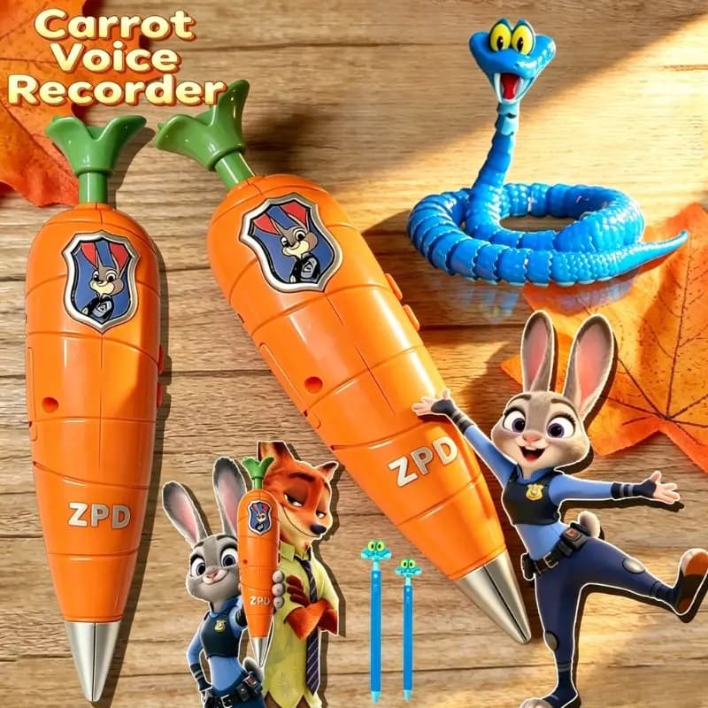 Set di Giocattoli Zootopia 2: Penna Registratore Vocale a Forma di Carota con Serpente Ondulante, Regalo Cartoon per Bambini, Articoli di Cancelleria Originali da Collezione