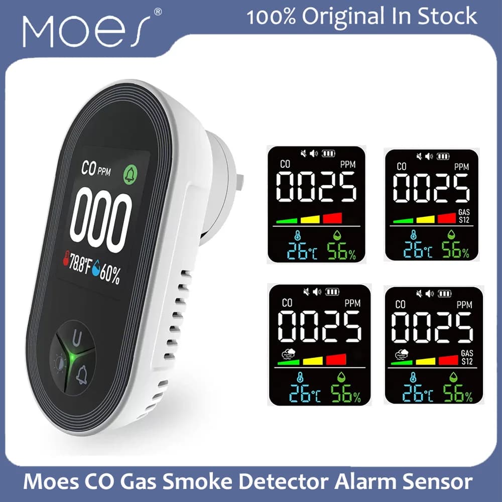 Moes CO Gas Smoke Detector Alarm Sensor Carbon Monoxide Sensor with Temperature Humidity Sensor Alarm Sound Warning LED Display
