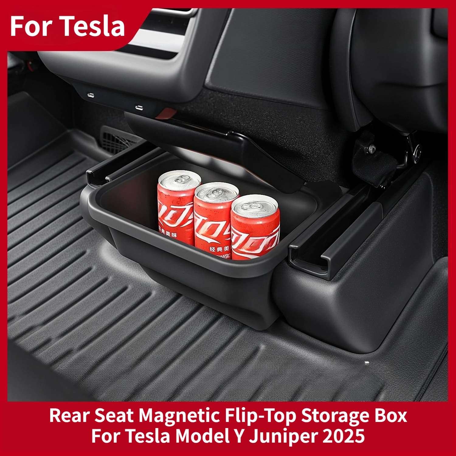 Rear Center Console Storage Organizer with Cover Under-Seat Trash Can Magnetic Flip-Top Box for Tesla Model Y Juniper 2025