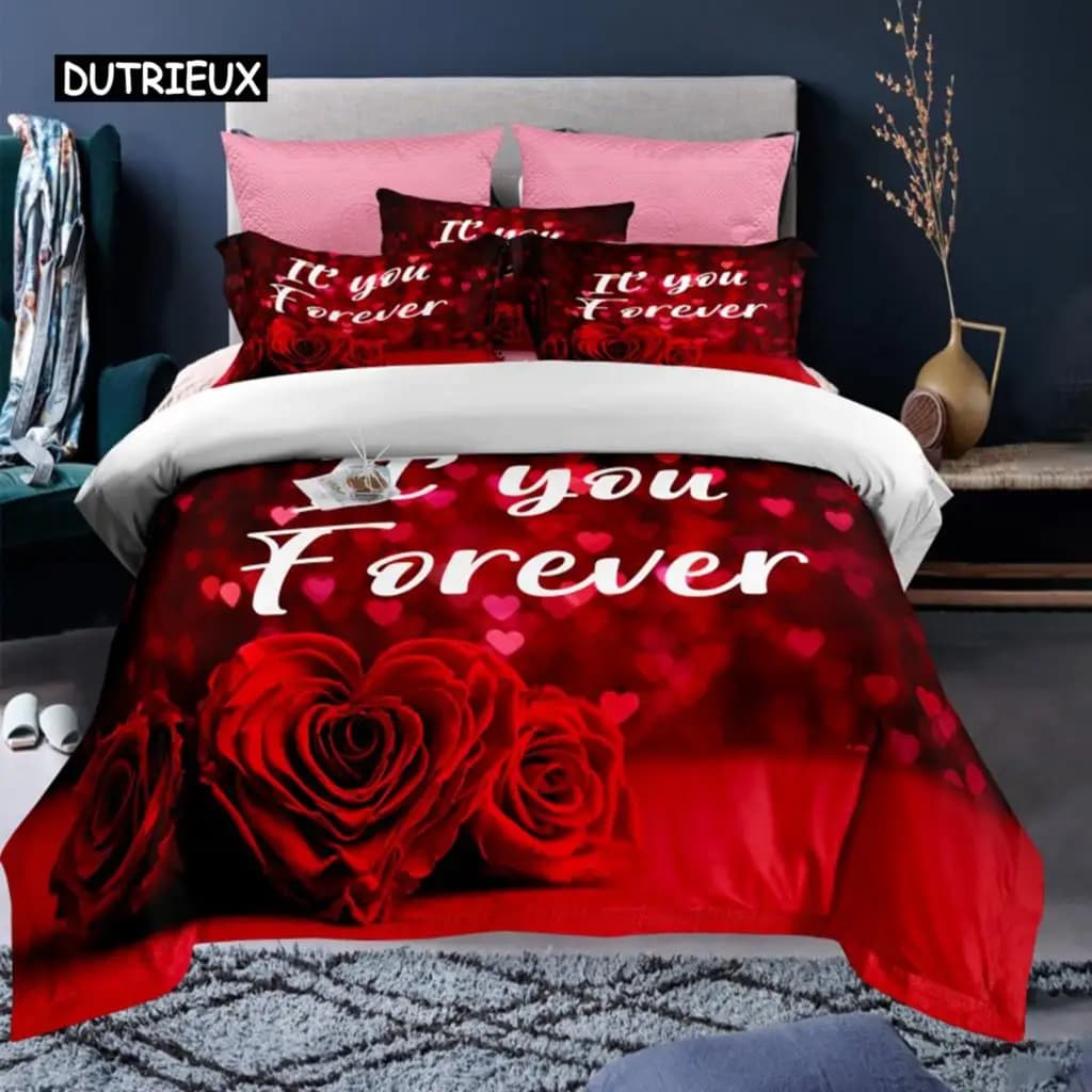 Set of San valentino Red Rose I Love You Pattern King Size Couple Bed Linen Polyester Set Happy Romantic Headdress