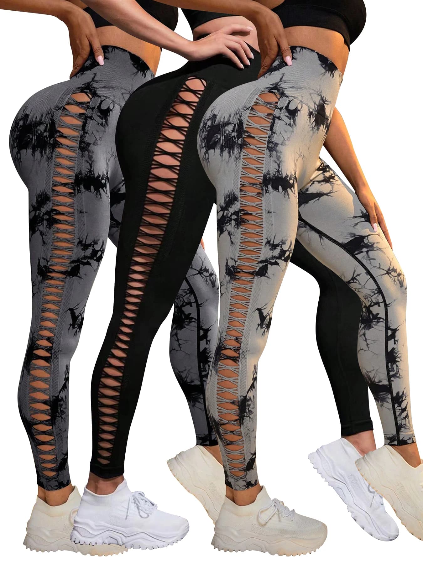 Leggings senza cuciture Tie Dye per pantaloni da yoga da donna a vita alta, collant elastici per il sollevamento del sedere scrunch, design a rete laterale