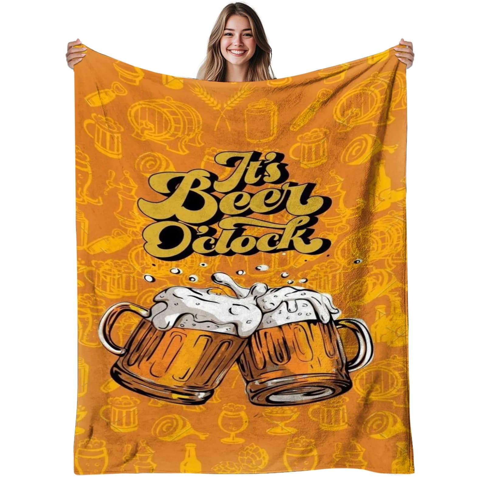 1pc Beer O'Clock Flannel Blanket - Extra Thick 280gsm Heavy Duty Beer Mug & Pint Glasses Print - Soft Warm Pub Decor for Man Cave, for home Bar, Game Room - All-Season Cozy Throw - Machine Washable - Perfect Gift for Beer Lovers, Birthday