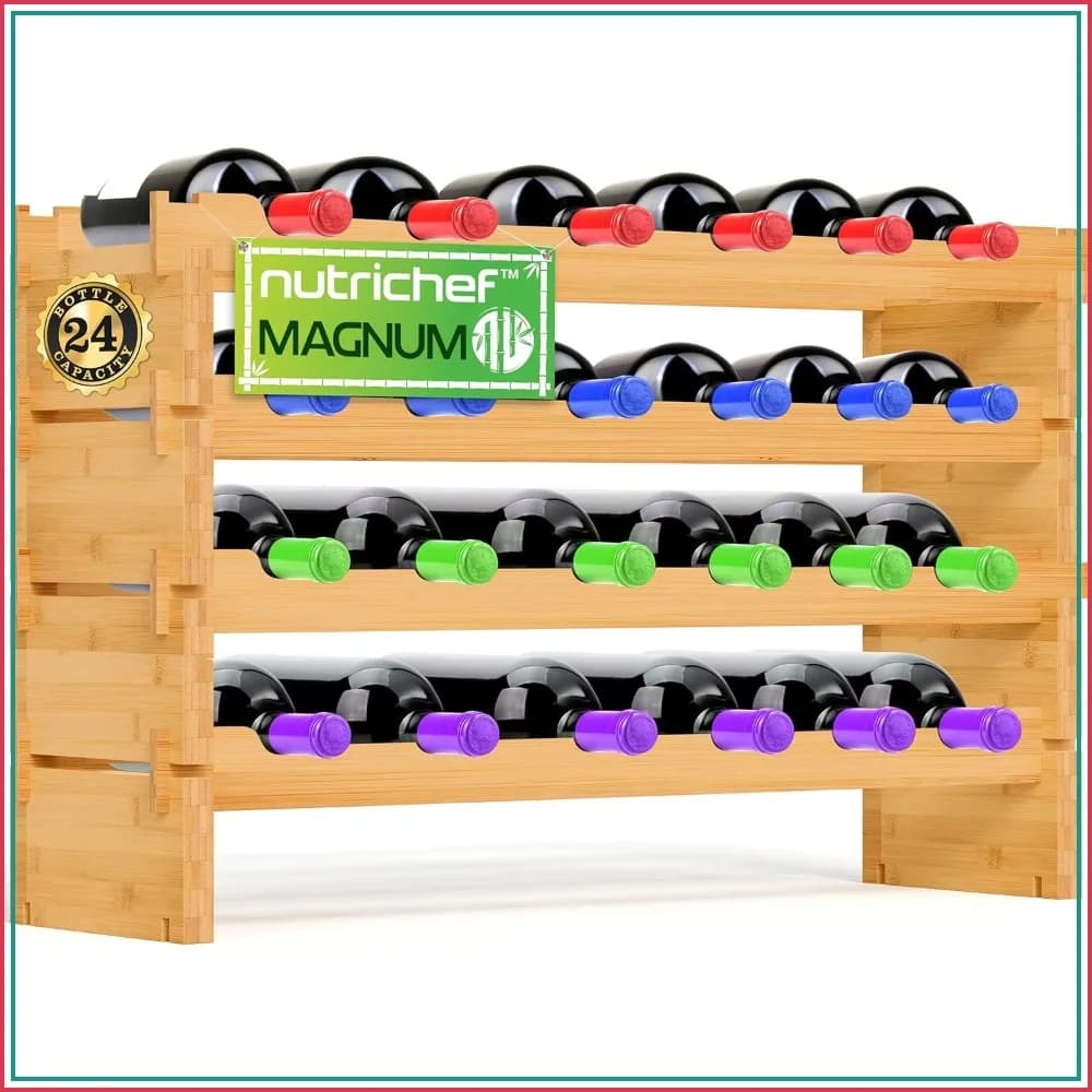 Oversize 24 Bottle Stackable Wine Rack, 1" Thick Sideboard, .5" Rack Sticks, Sturdy Natural Bamboo with Anti-Moisture Finish