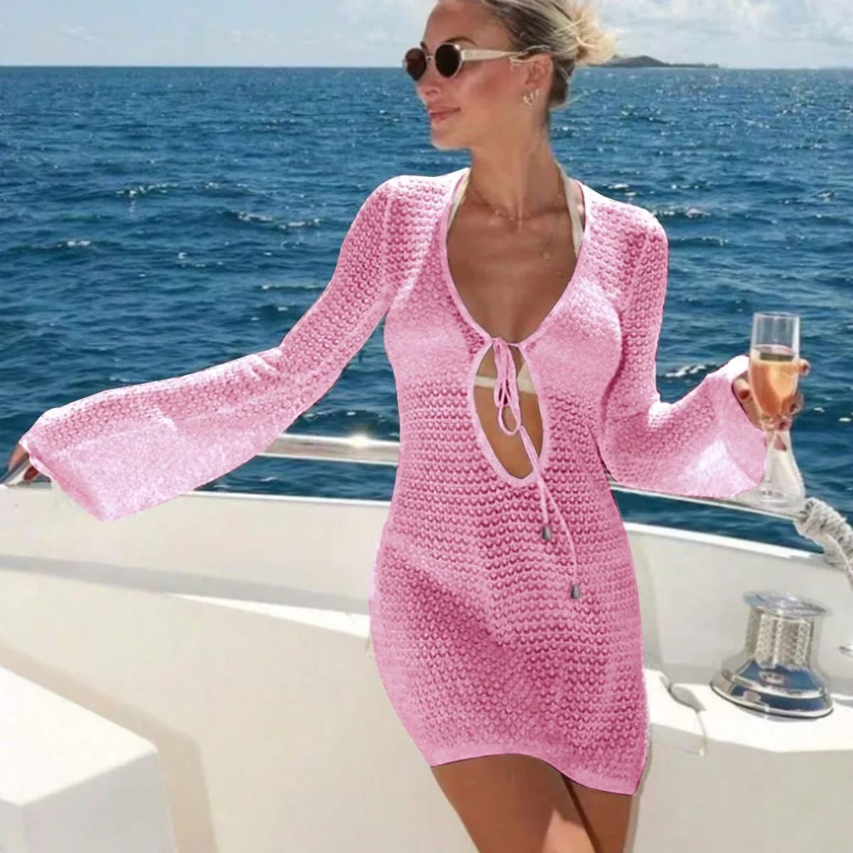 Women Tunic Knit Mesh Beach Deep V Neck White Swim Long Sleeve Mini Dress Black Pink