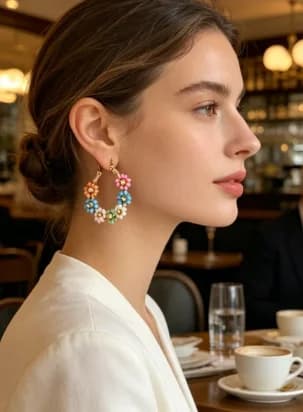 Hand Woven Macaron Dopamine Seed Bead Flower Half Circle Huggie Earrings, 14K Pale Gold Mini Spring Lock Fresh Spring Short Daily Girly Hoops
