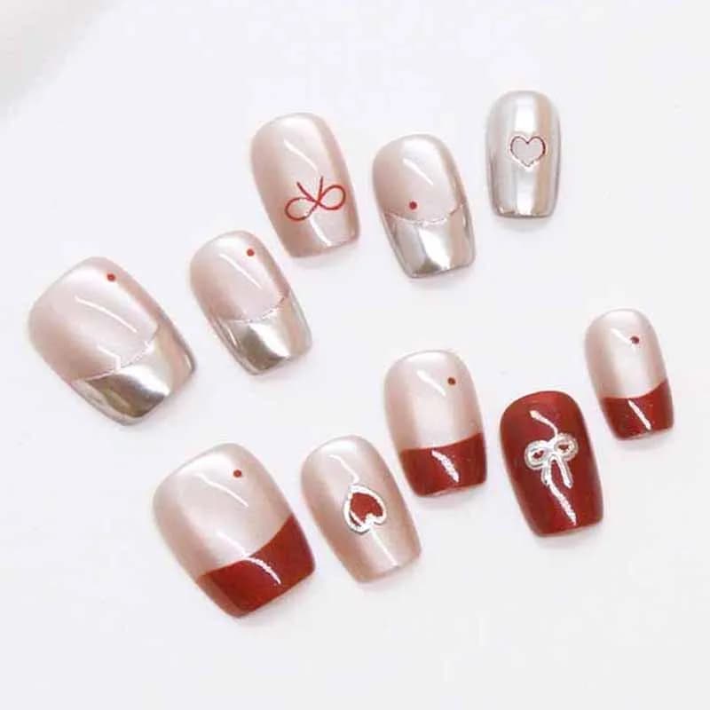 10 Pcs Women Handmade Press on Nail Sweet Cute Bowknot Strawberry Detachable Nail Plates Simple Fake Nails Cat Eye Nail Art