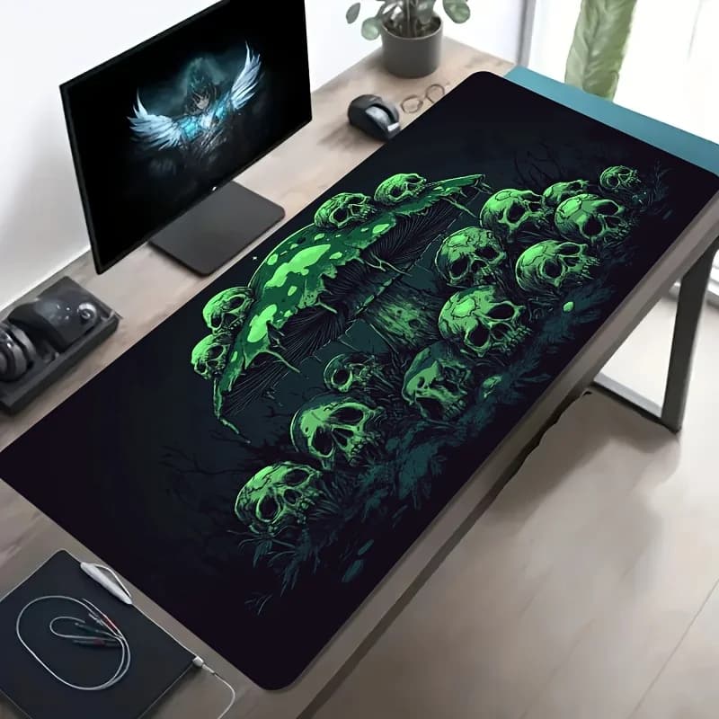 Tappetino per mouse da gioco esteso Skull Mushroom verde scuro, tappetino da scrivania in gomma antiscivolo per PC da ufficio