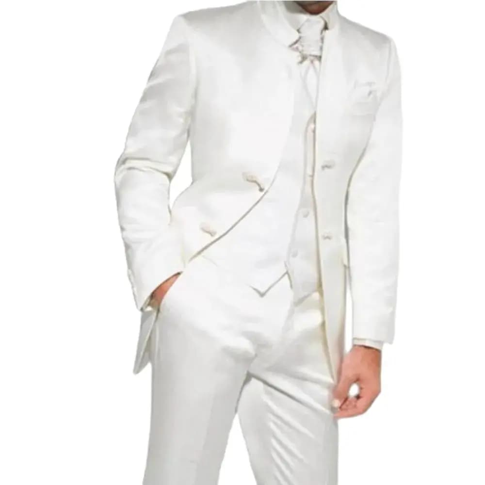 Latest 3 Piece Groom Tuxedo Suits for Men Slim Fit Costume Homme White Satin Groosmen Wedding Prom Suit Male(Jacket+Pants+Vest )