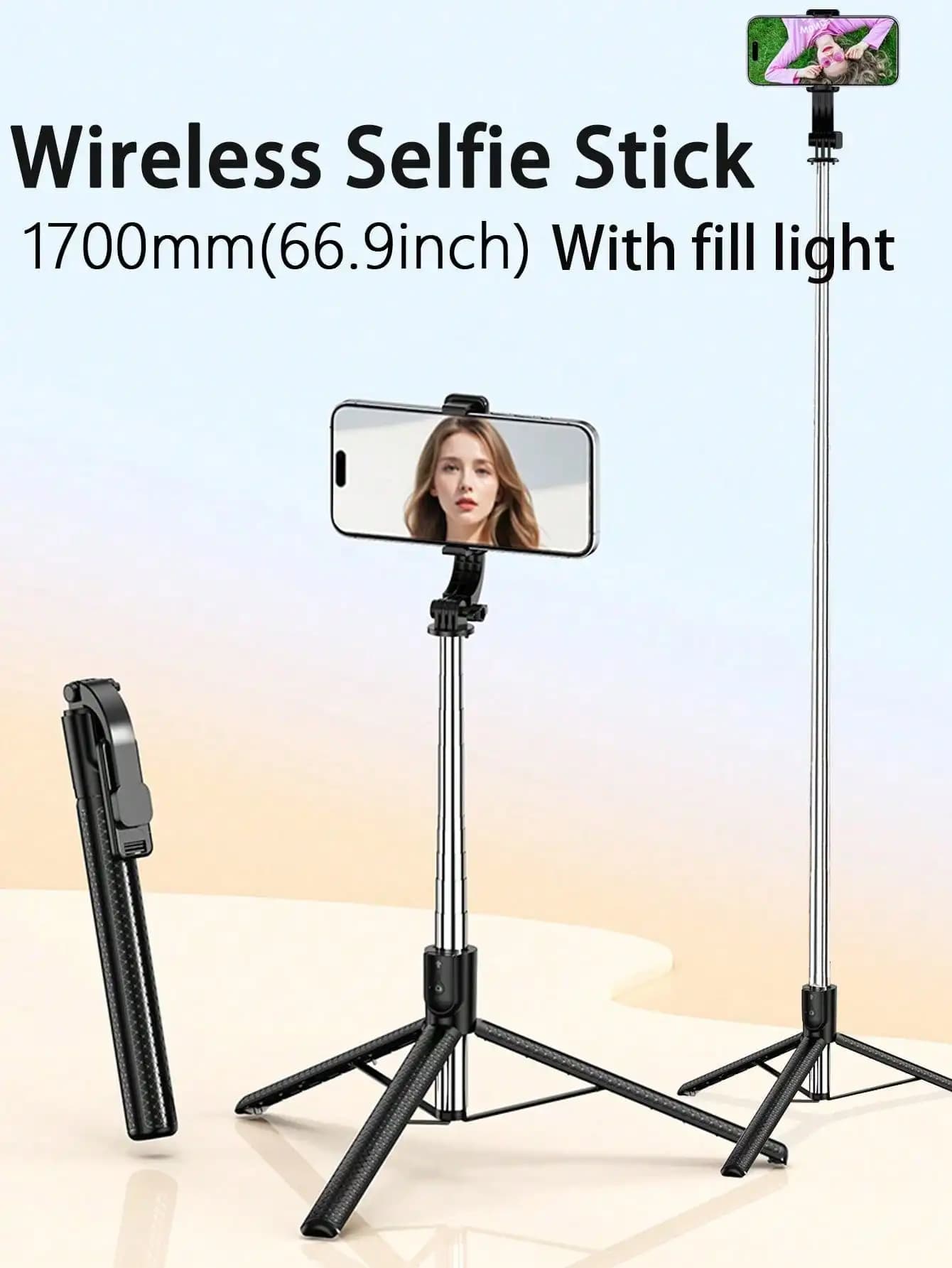 1.7M/66.9In Selfie Stick Tripod with Fill Light, Wireless Bluetooth Remote Control Aluminum Alloy Phone Stand, Foldable Portable Cell Phone Holder for Live Streaming Travel Group Photos