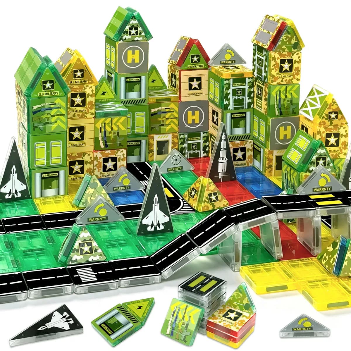 Magnetic Tiles Road Building Blocks Set And Military Base Toy Accessories For Kid 3+ STEM Educational Sensory Toys For Boy Girl